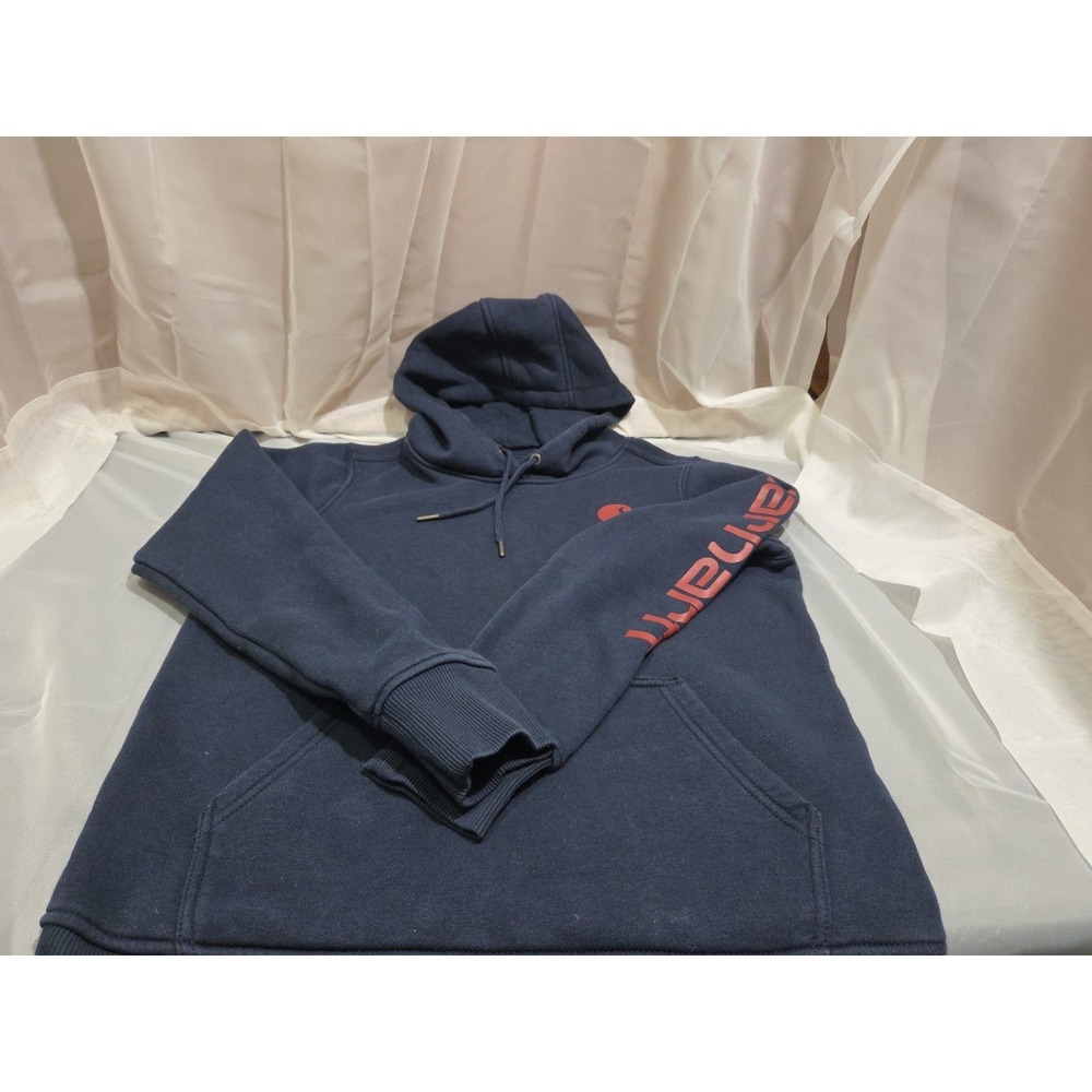 Unisex Carhartt Small Pullover‎ Hoodie Navy Blue And Maroon Logo Sleeve